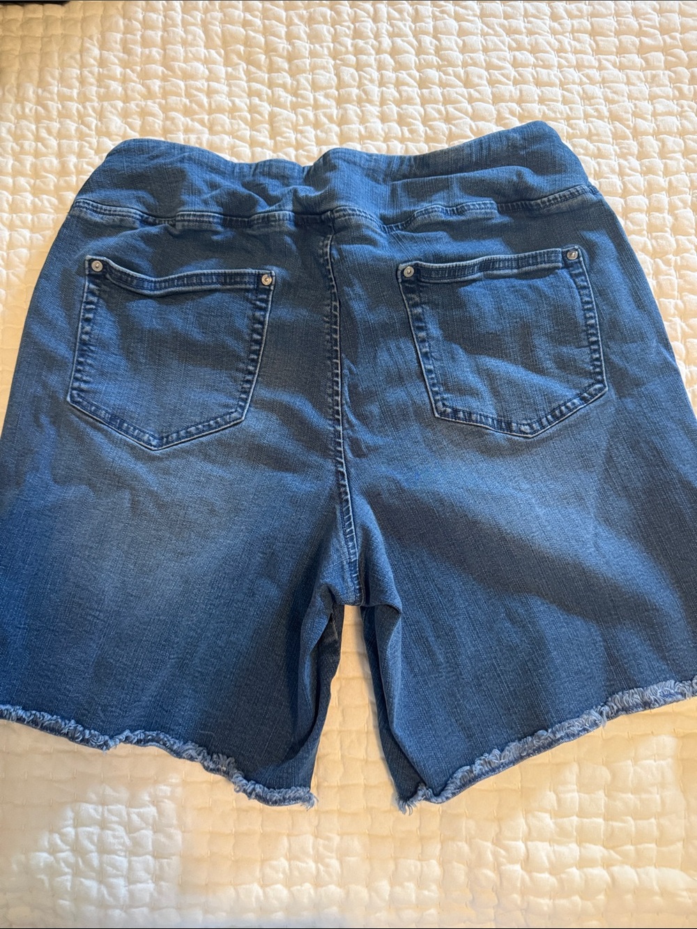Belle by Kim Gravel Dark Blue Stretch Denim Shorts with Frayed Hem - Picture 2 of 3